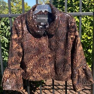 Faux Sheared Fur Vegan Animal Textured Print 3/4Bell Sleeves Brown/Black. SZ L